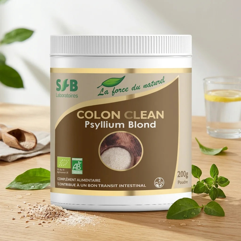 Colon'Clean 200g poudre de psyllium blond SFB, pot sur bois naturel avec feuilles vertes