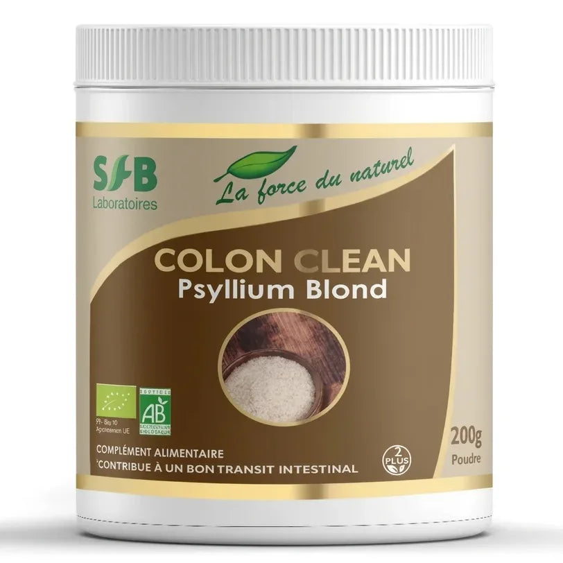 Pot blanc Colon'Clean Psyllium Blond 200g SFB avec étiquette or et certification biologique