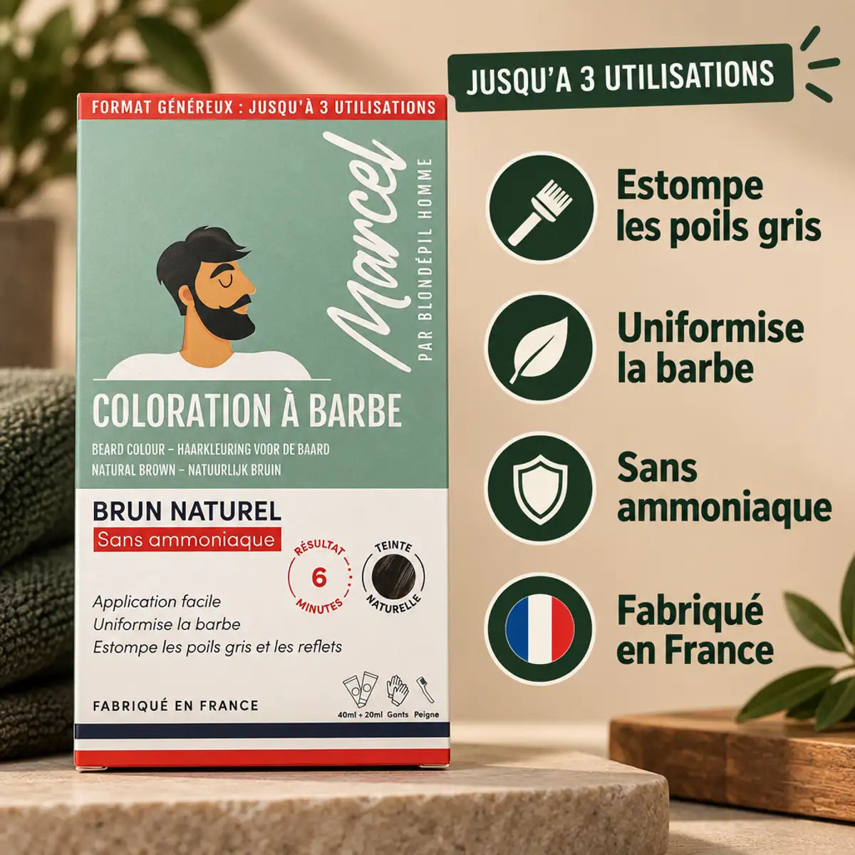 Coloration à barbe Blondépil Brun Naturel teinte 40 : boîte produit avec mentions Sans ammoniaque, Fabriqué en France, estompe les poils gris