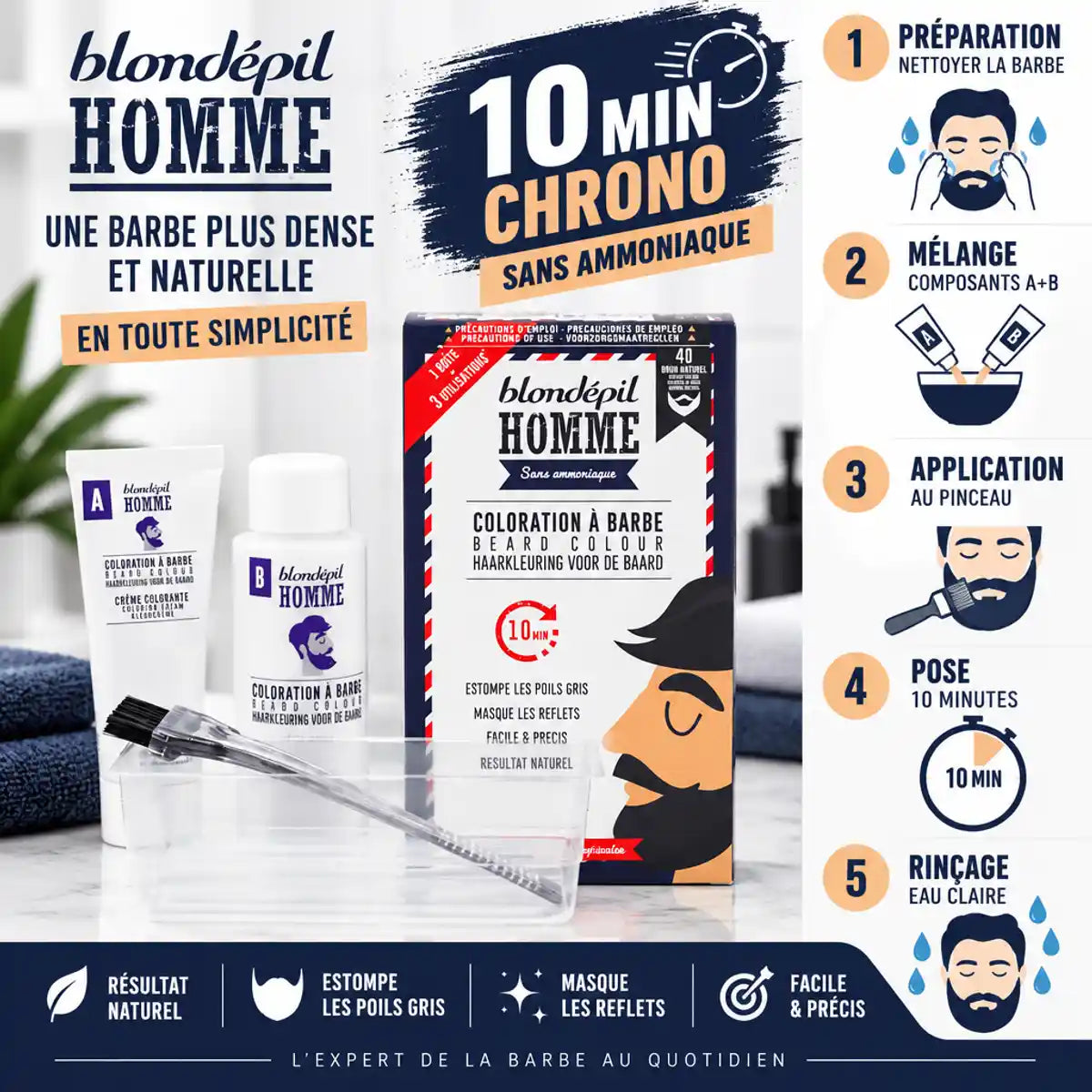 Kit coloration barbe Blondépil Teinte 40 Brun Naturel avec mode d'emploi 5 étapes sans ammoniaque