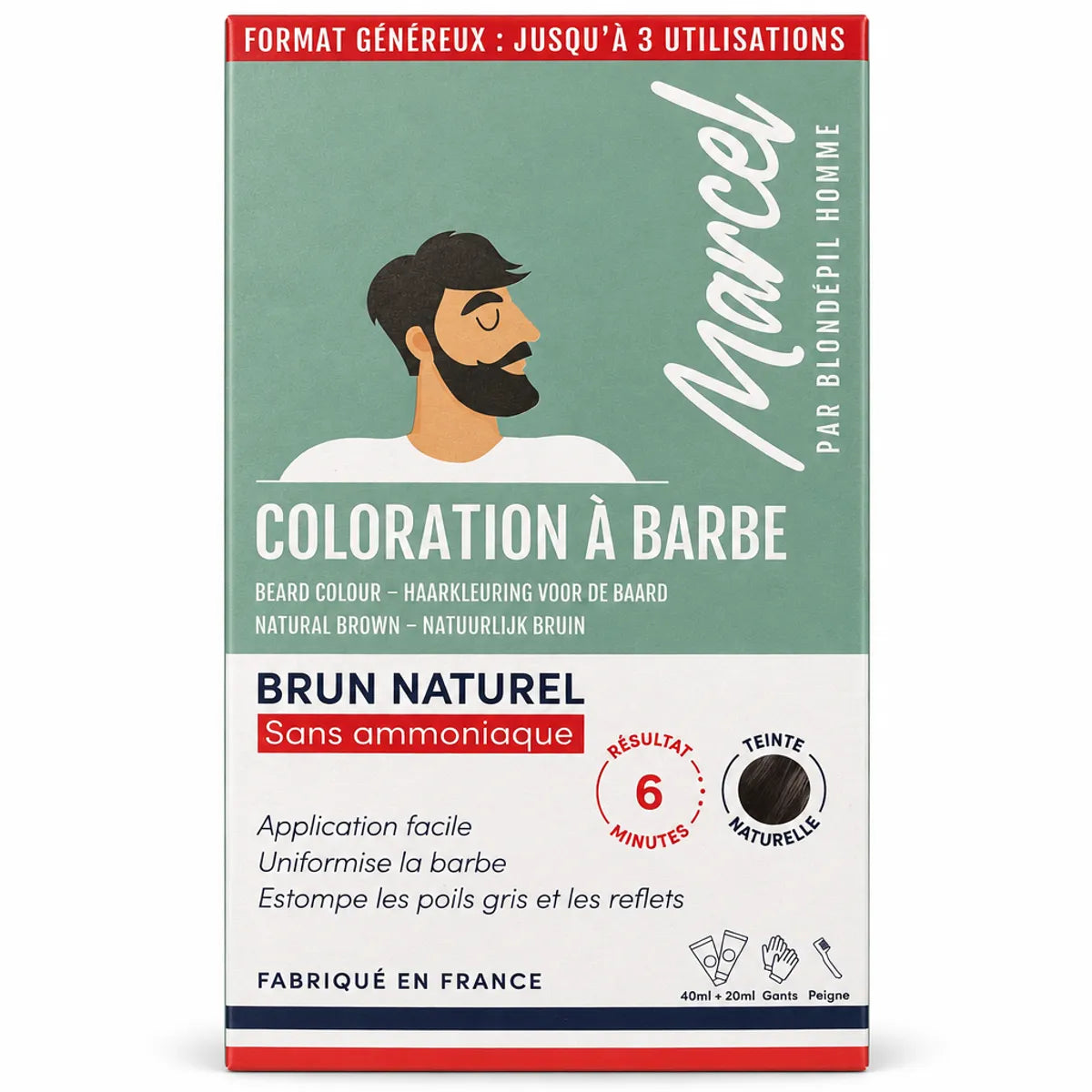 Boîte de coloration à barbe Blondépil teinte 40 Brun Naturel, format généreux jusqu'à 3 utilisations, fond blanc