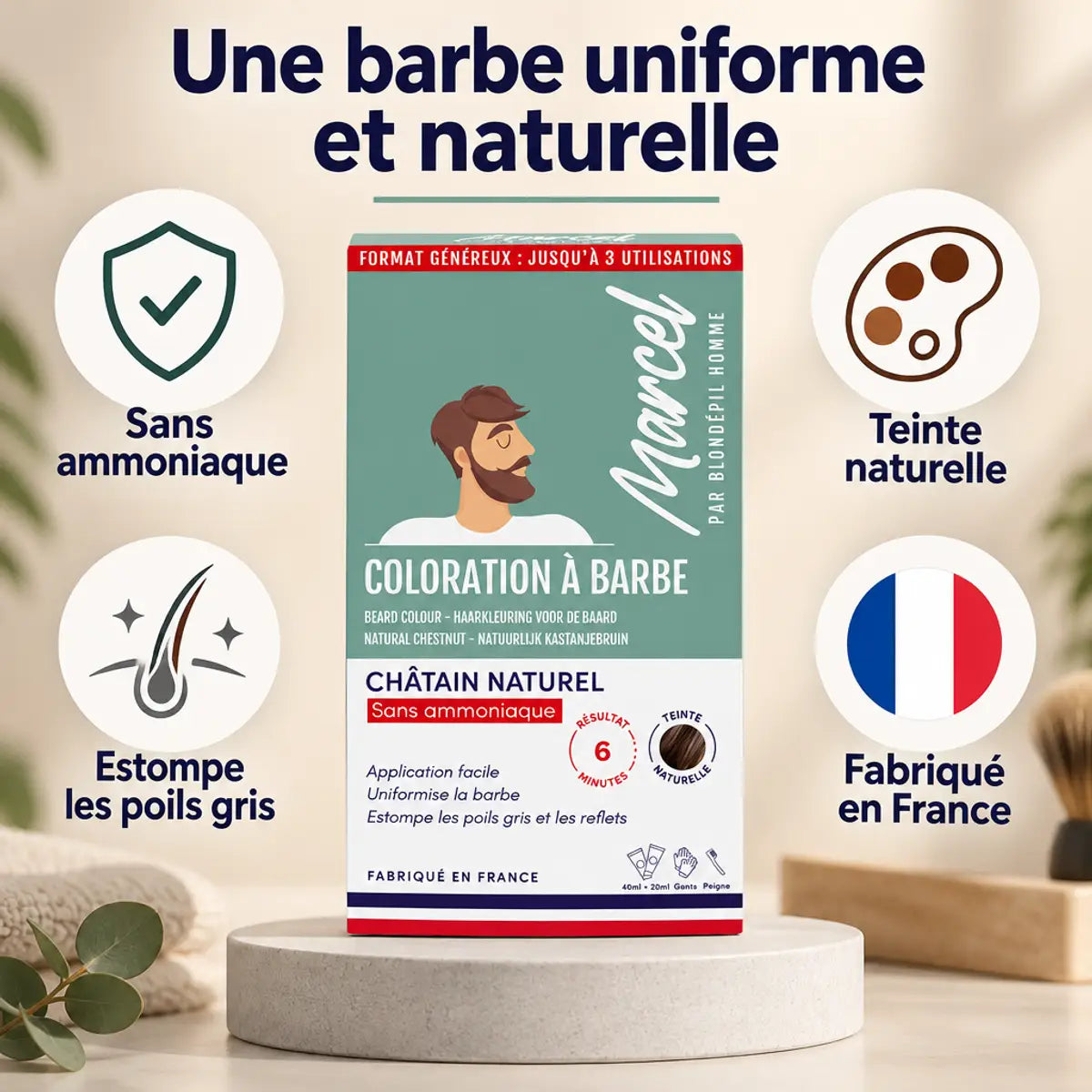 Coloration à barbe Marcel teinte 50 châtain naturel : packaging, badges sans ammoniaque, teinte naturelle et fabriqué en France