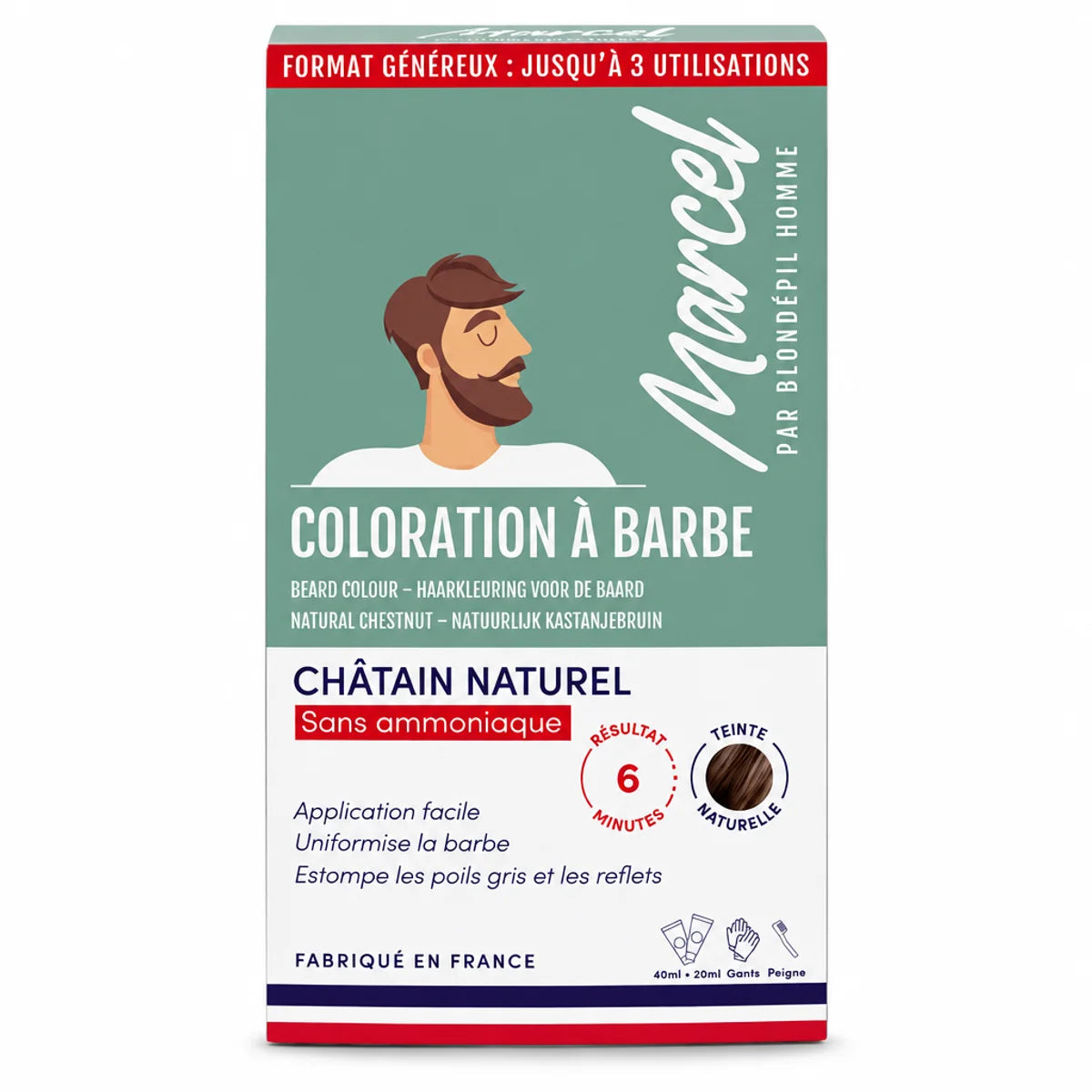 Boîte de coloration à barbe Blondépil Homme Marcel, teinte 50 châtain naturel, format généreux jusqu'à 3 utilisations