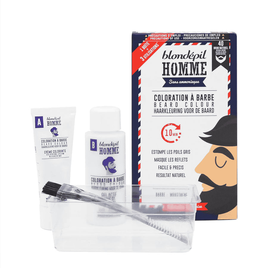 Coloration à barbe brun naturel blondépil accompagné de ces accessoires coloration.