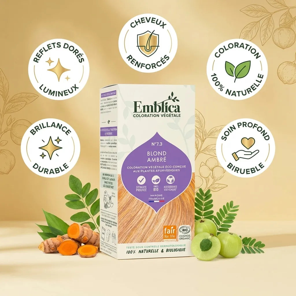 Emblica Blond Ambré N°7.3 - coloration végétale avec 5 bénéfices : reflets dorés, cheveux renforcés, naturelle, brillance durable, soin profond