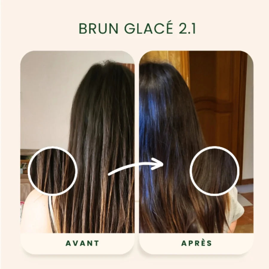 Photo avant après application de la Coloration Cheveux Végétale Brun glacé Emblica