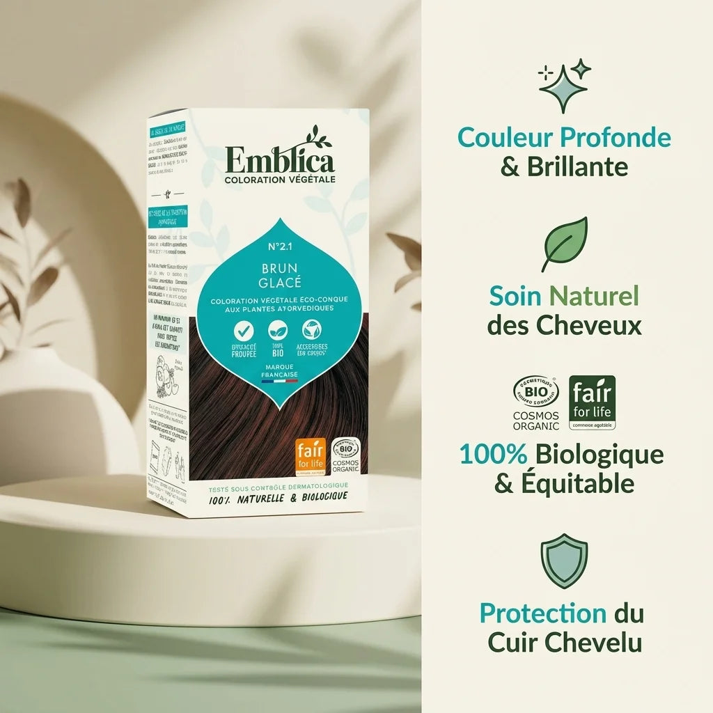 Coloration cheveux végétale Emblica Brun Glacé avec infographie bénéfices naturels bio