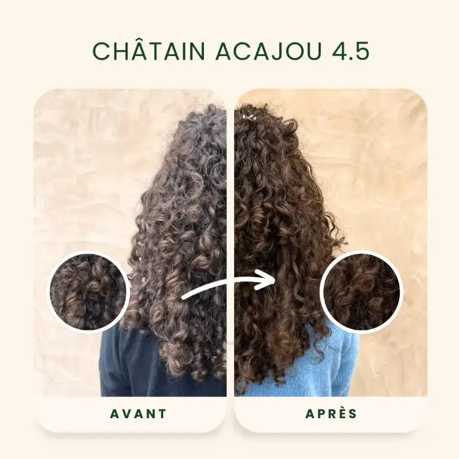 Photos avant-après application de la Coloration Cheveux Végétale Châtain Acajou Emblica