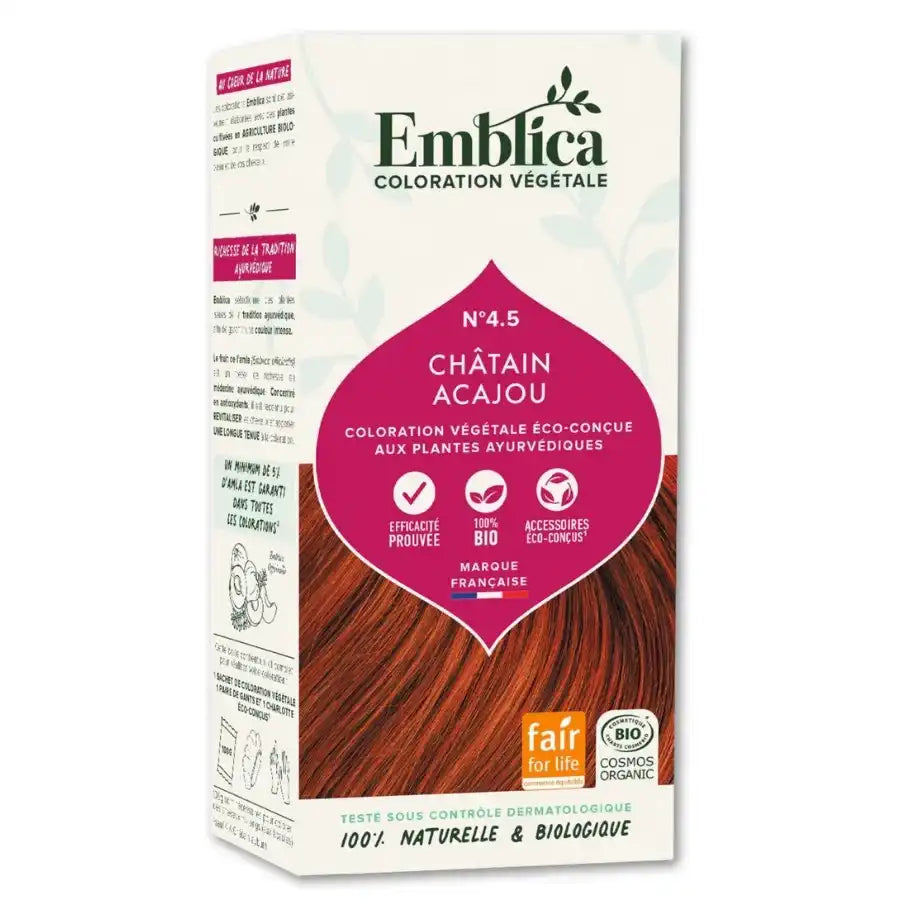 Le packaging de la Coloration Cheveux Végétale Châtain Acajou d'Emblica