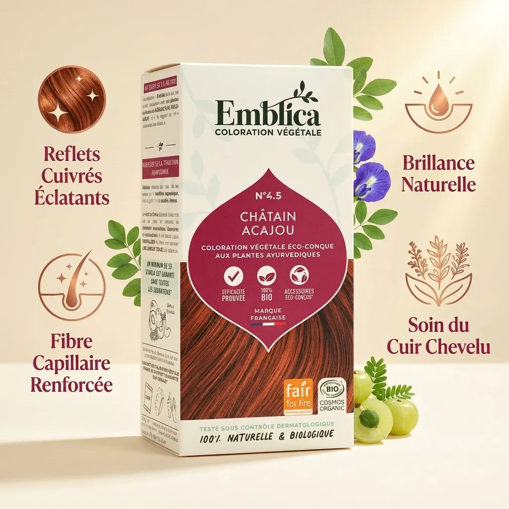 Coloration végétale Emblica Châtain Acajou avec bénéfices : reflets cuivrés, fibre renforcée et brillance naturelle