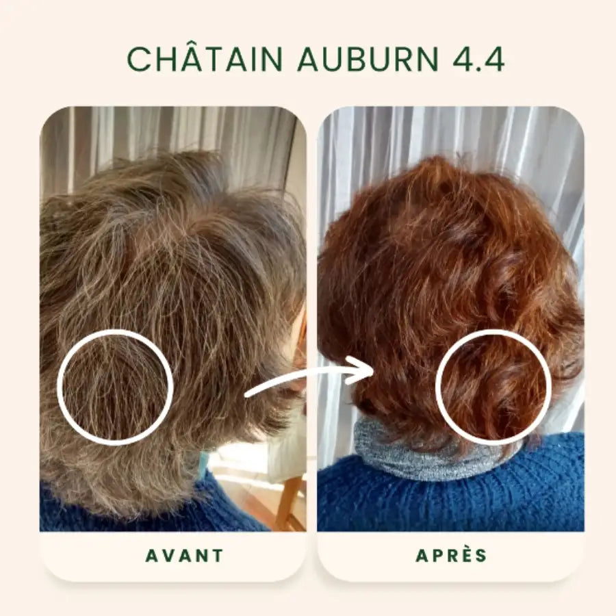 Photos avant et après application de la Coloration Cheveux Végétale Châtain auburn Emblica
