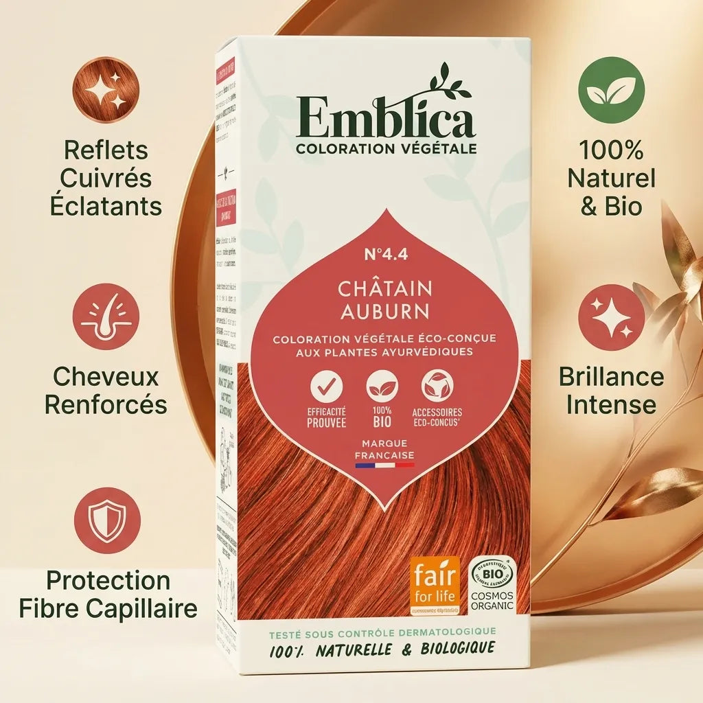 Coloration cheveux végétale Châtain Auburn Emblica avec ses 5 bénéfices naturels et bio