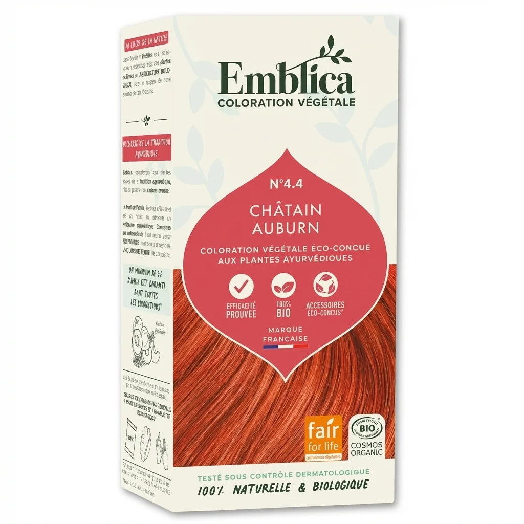 Boîte coloration cheveux végétale Emblica N°4.4 Châtain Auburn sur fond blanc