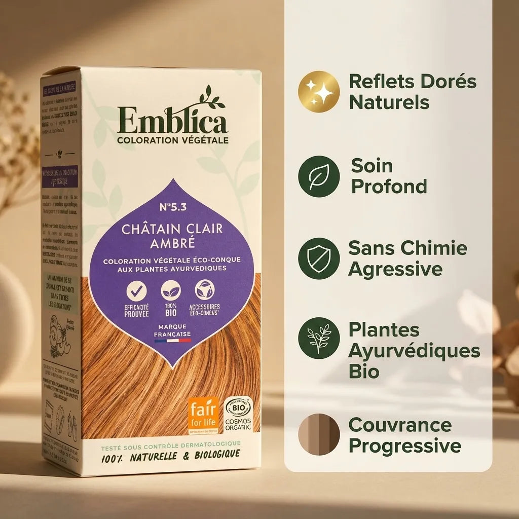 Coloration cheveux végétale Emblica Châtain Clair Ambré avec infographie bénéfices plantes ayurvédiques