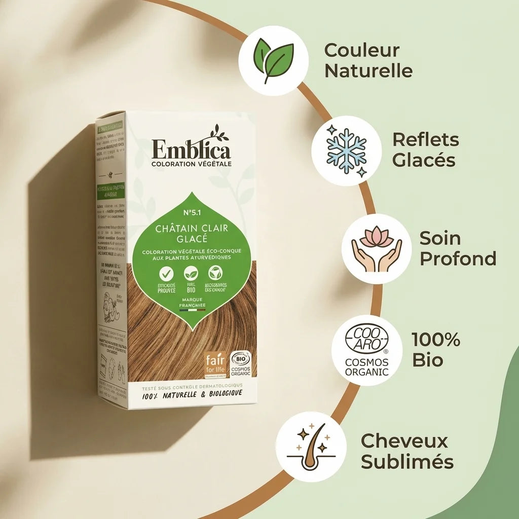 Coloration végétale Emblica châtain clair glacé avec 5 bénéfices : couleur naturelle, reflets glacés, soin profond, bio et cheveux sublimés