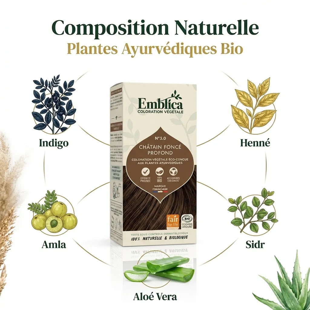 Coloration végétale Emblica châtain foncé profond avec ingrédients naturels Indigo Henné Amla
