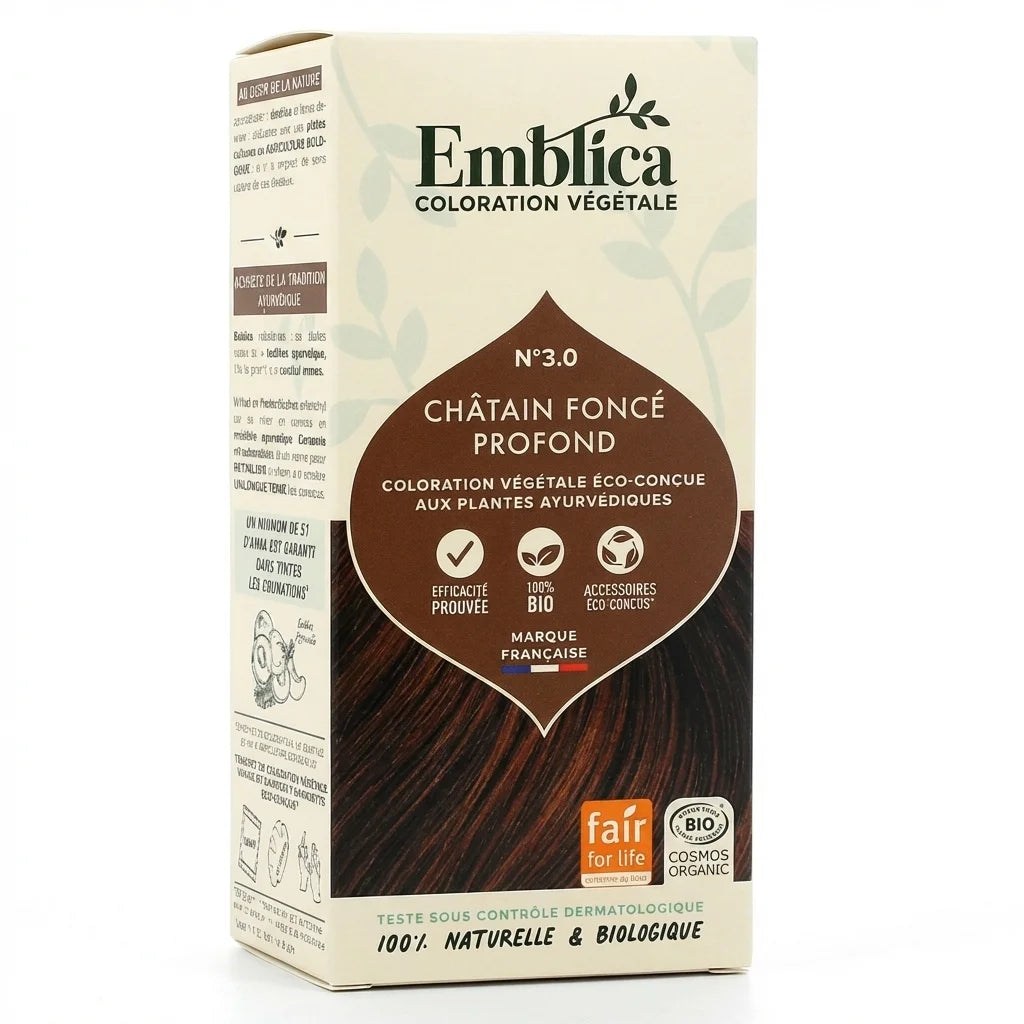 Boîte coloration cheveux végétale Emblica N°3.0 châtain foncé profond avec certifications Bio