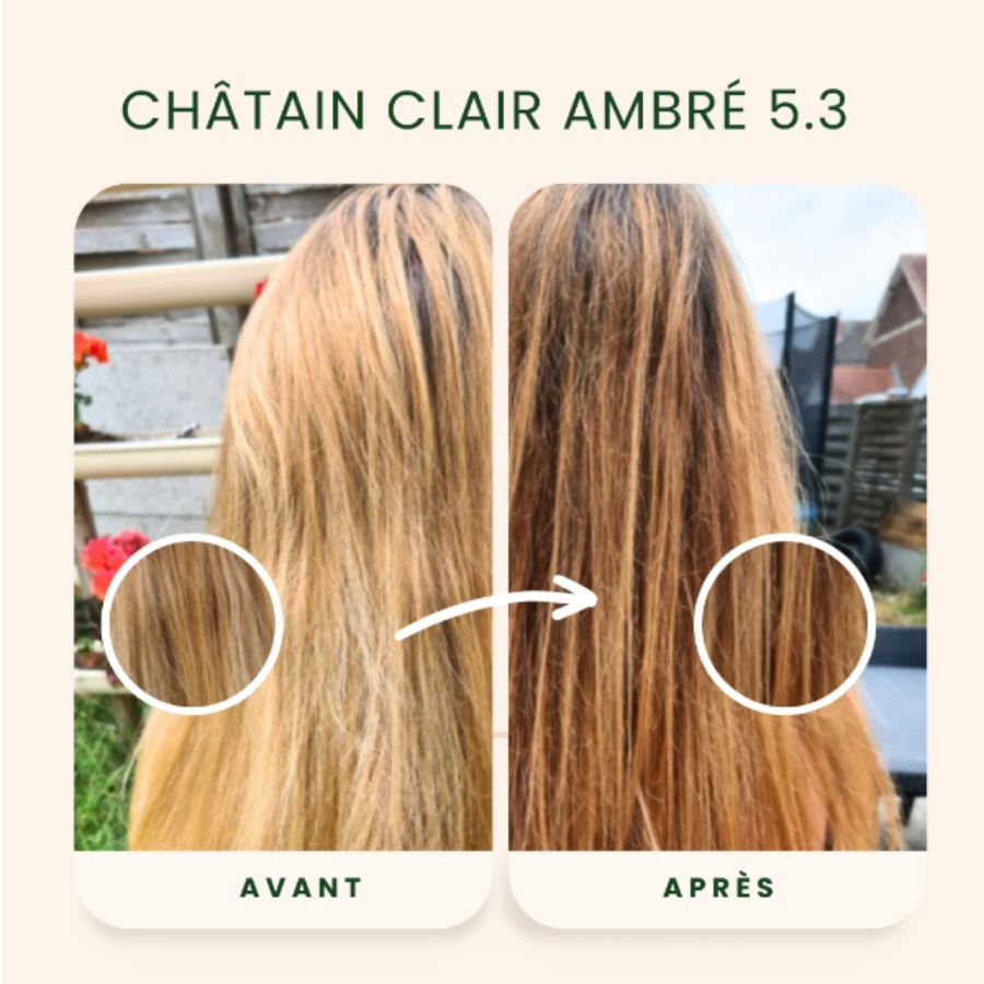 Photo avant après application de la Coloration Cheveux Végétale Châtain clair ambré Emblica