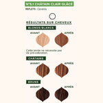 Les résultats attendus sur cheveux de la Le packaging de la Coloration Cheveux Végétale Châtain clair glacé Emblica, selon la couleur initial des cheveux
