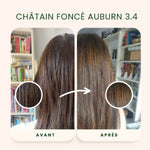 Photo avant après application de la Coloration Cheveux Végétale Châtain foncé auburn Emblica