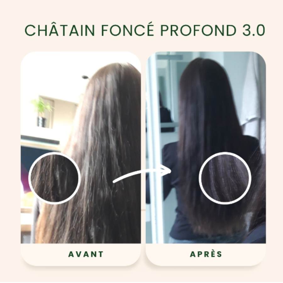 Photos avant après application de la Coloration Cheveux Végétale Châtain foncé profond Emblica