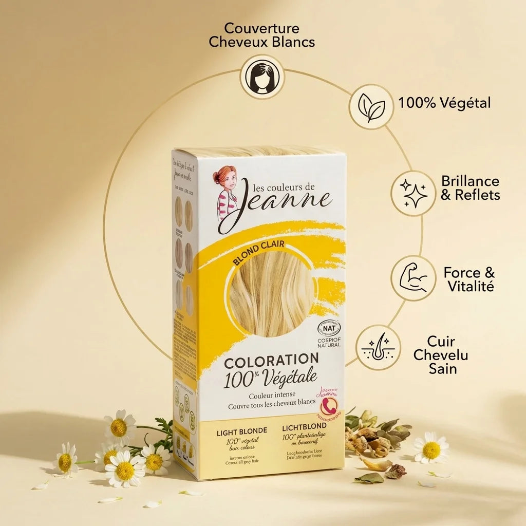 Coloration végétale blond clair Les Couleurs de Jeanne avec infographie des bénéfices naturels