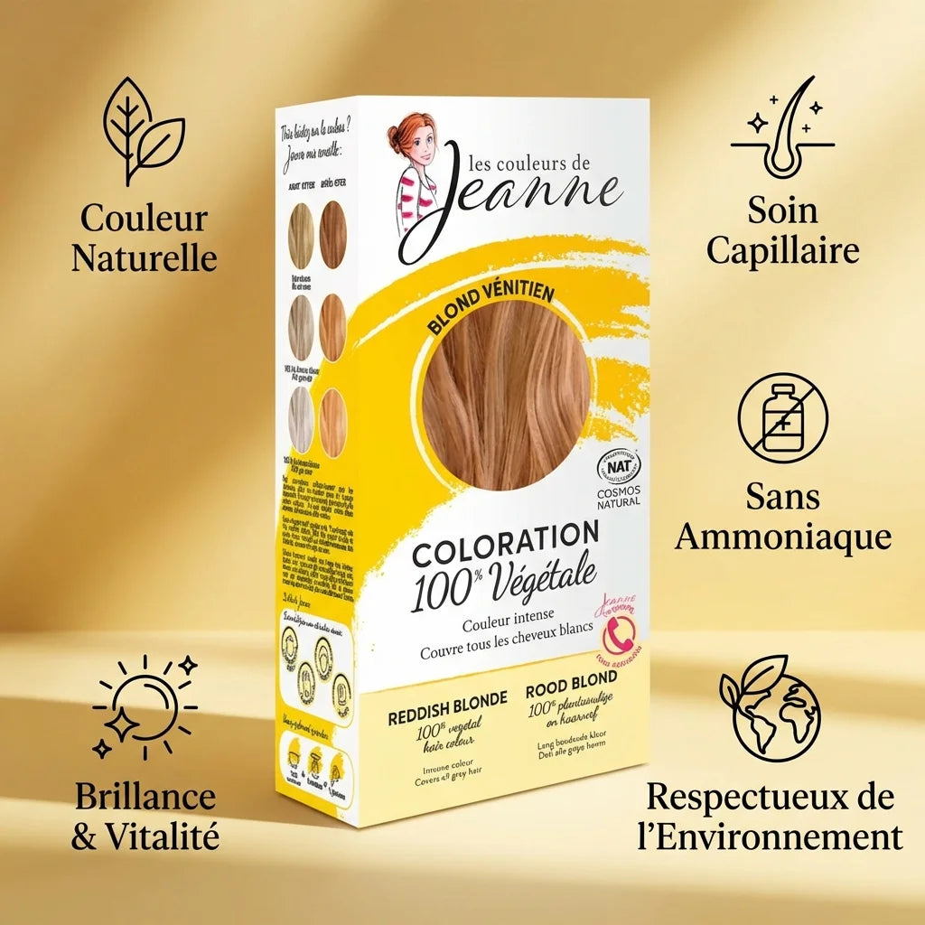 Coloration végétale Blond Vénitien Les Couleurs de Jeanne avec infographie des 5 bénéfices