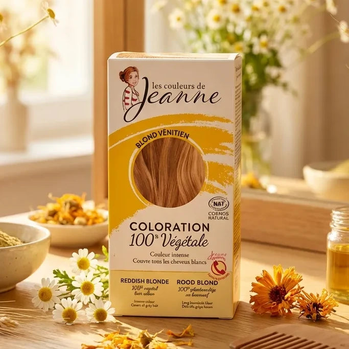 Coloration végétale Blond Vénitien Les Couleurs de Jeanne sur vanité avec botaniques