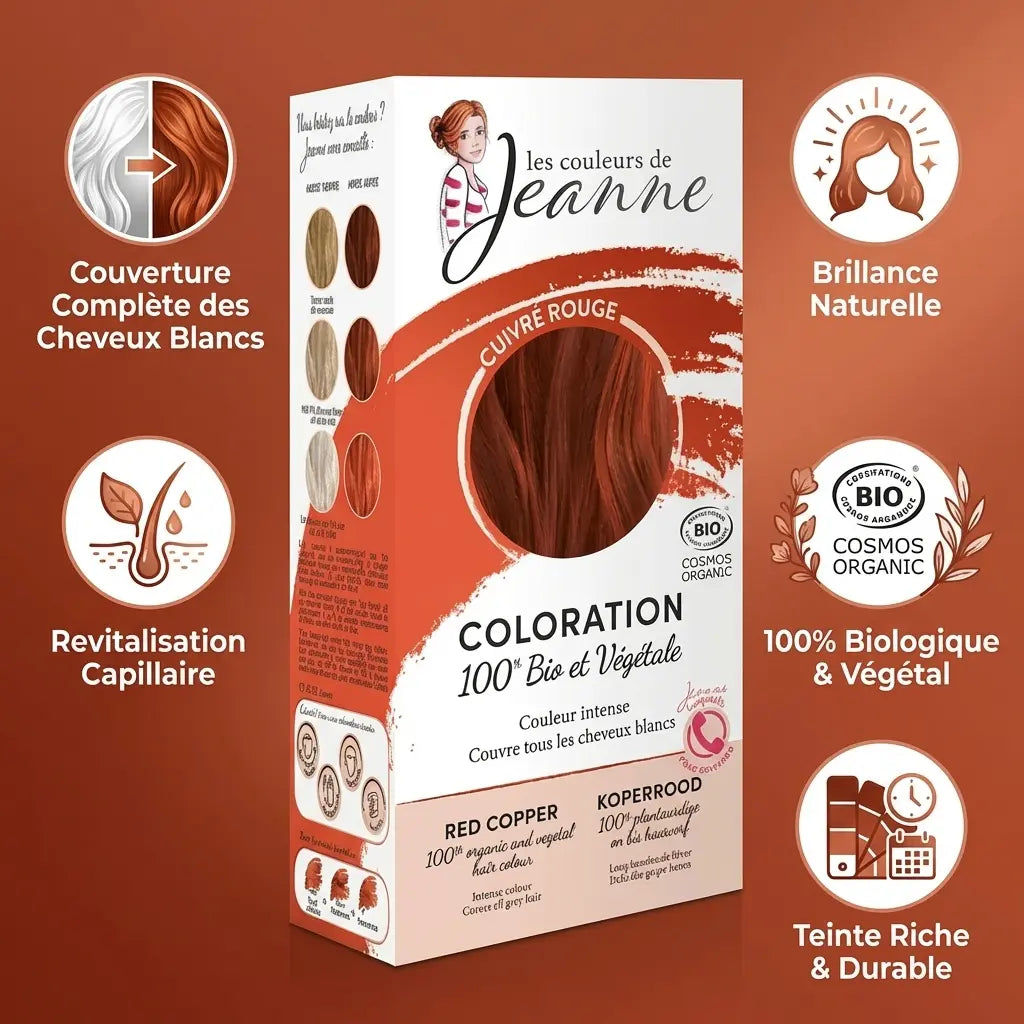 Coloration végétale cuivré rouge Les Couleurs de Jeanne bio certifiée avec avantages capillaires