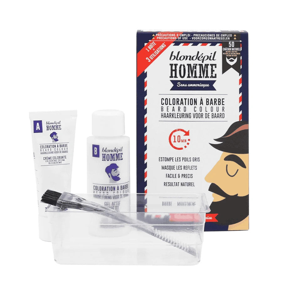 Une coloration à Barbe de couleur châtain naturel de la marque Blondépil accompagné des accessoires de colorations.
