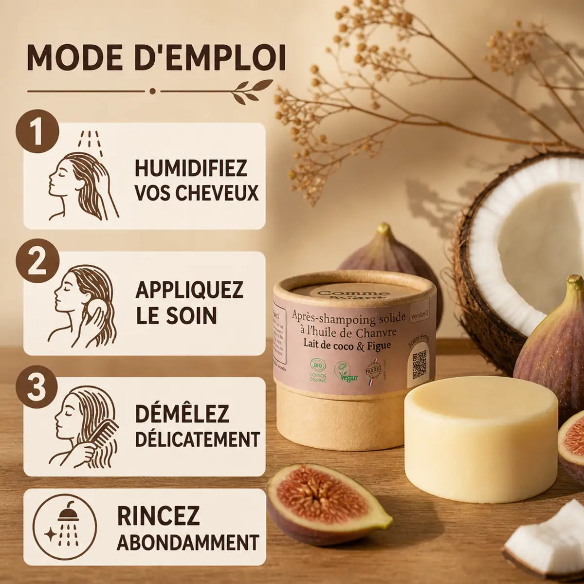 Après-shampoing solide Comme Avant chanvre figue coco avec mode d'emploi et ingrédients naturels