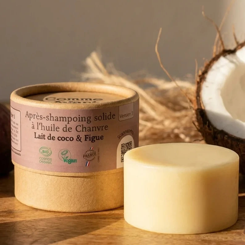 Après-shampoing solide Comme Avant à l'huile de chanvre, figues et lait de coco sur bois