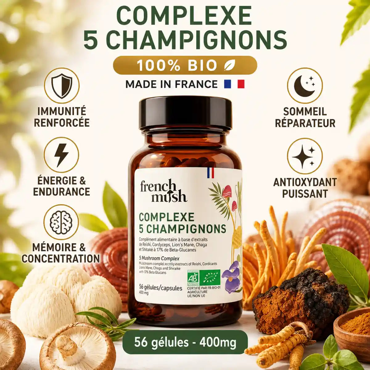Complexe 5 champignons French Mush 56 gélules immunité vitalité digestion bio