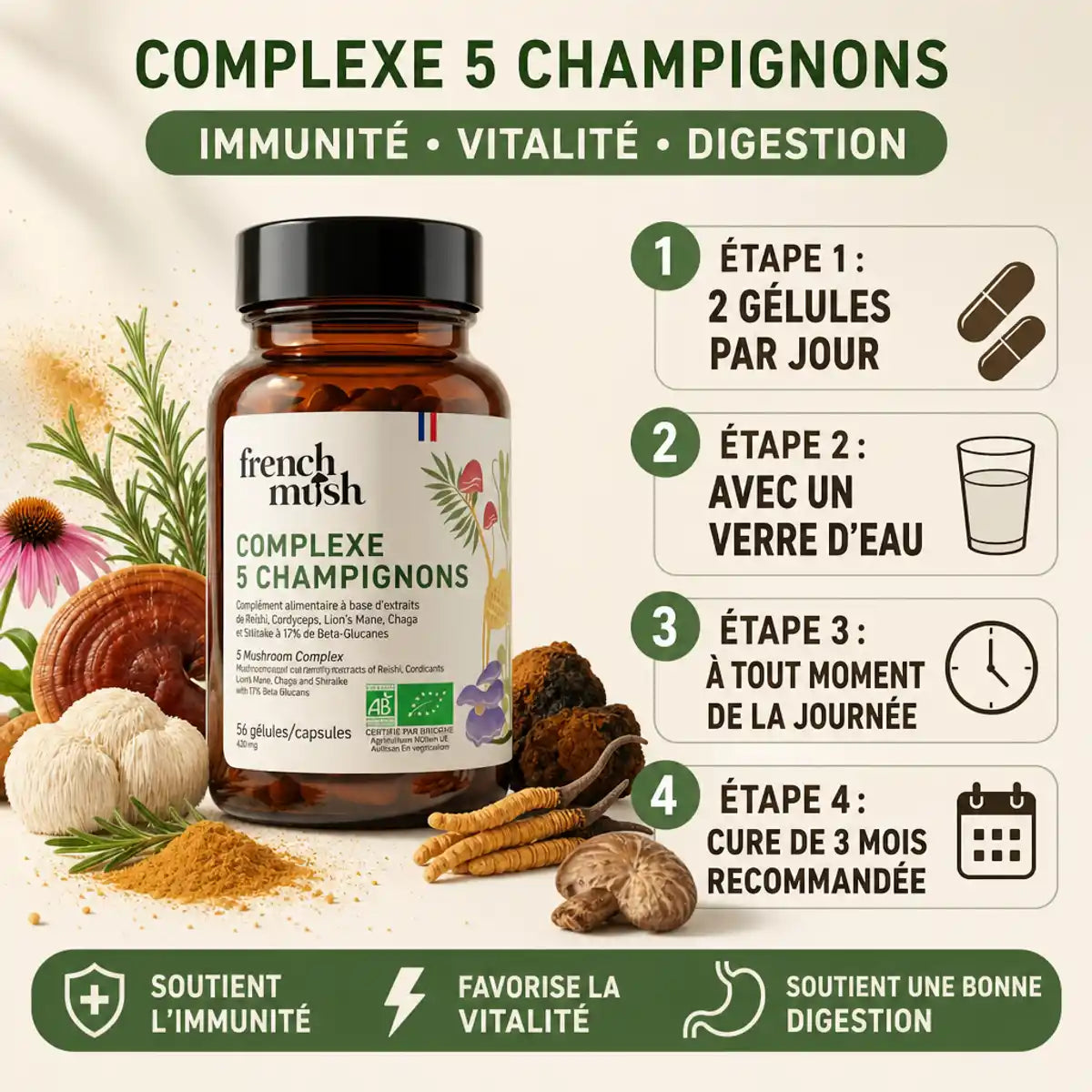 Complexe 5 champignons French Mush 56 gélules avec instructions d'utilisation pour immunité et vitalité