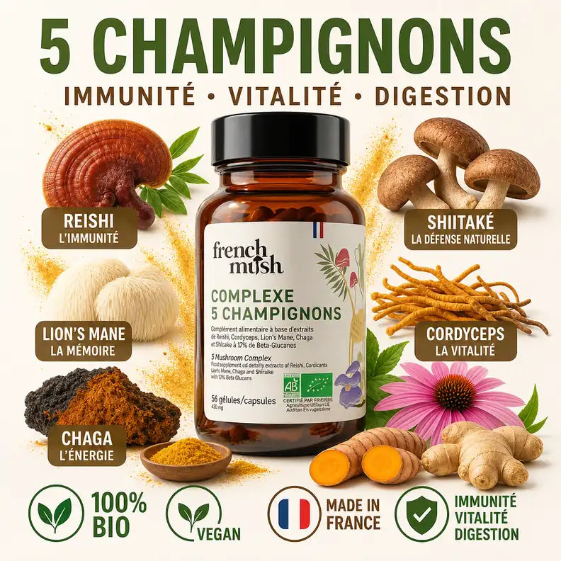Complexe 5 champignons French Mush 56 gélules bio pour immunité, vitalité et digestion