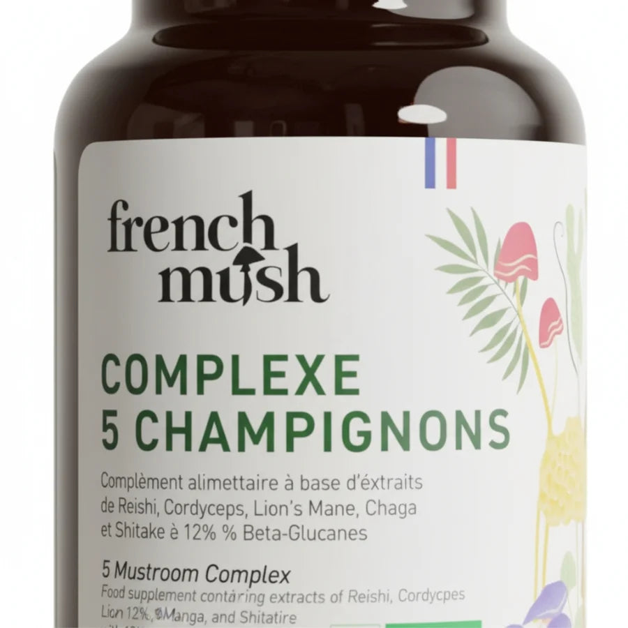 Zoom sur l'étiquette de la boite du complexe 5 champignons de French mush