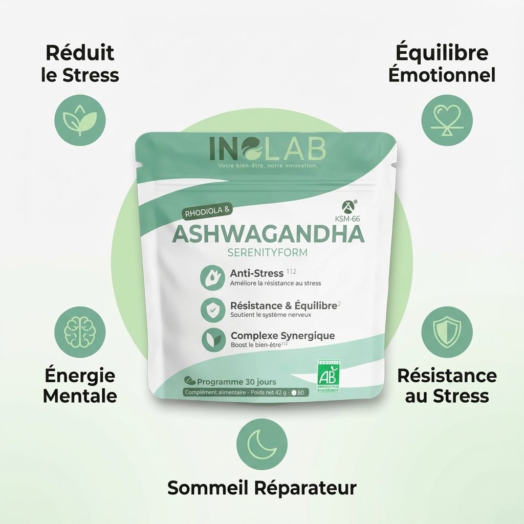 Complexe anti-stress SerenityForm Inolab avec Ashwagandha KSM66 et ses 5 bénéfices principaux