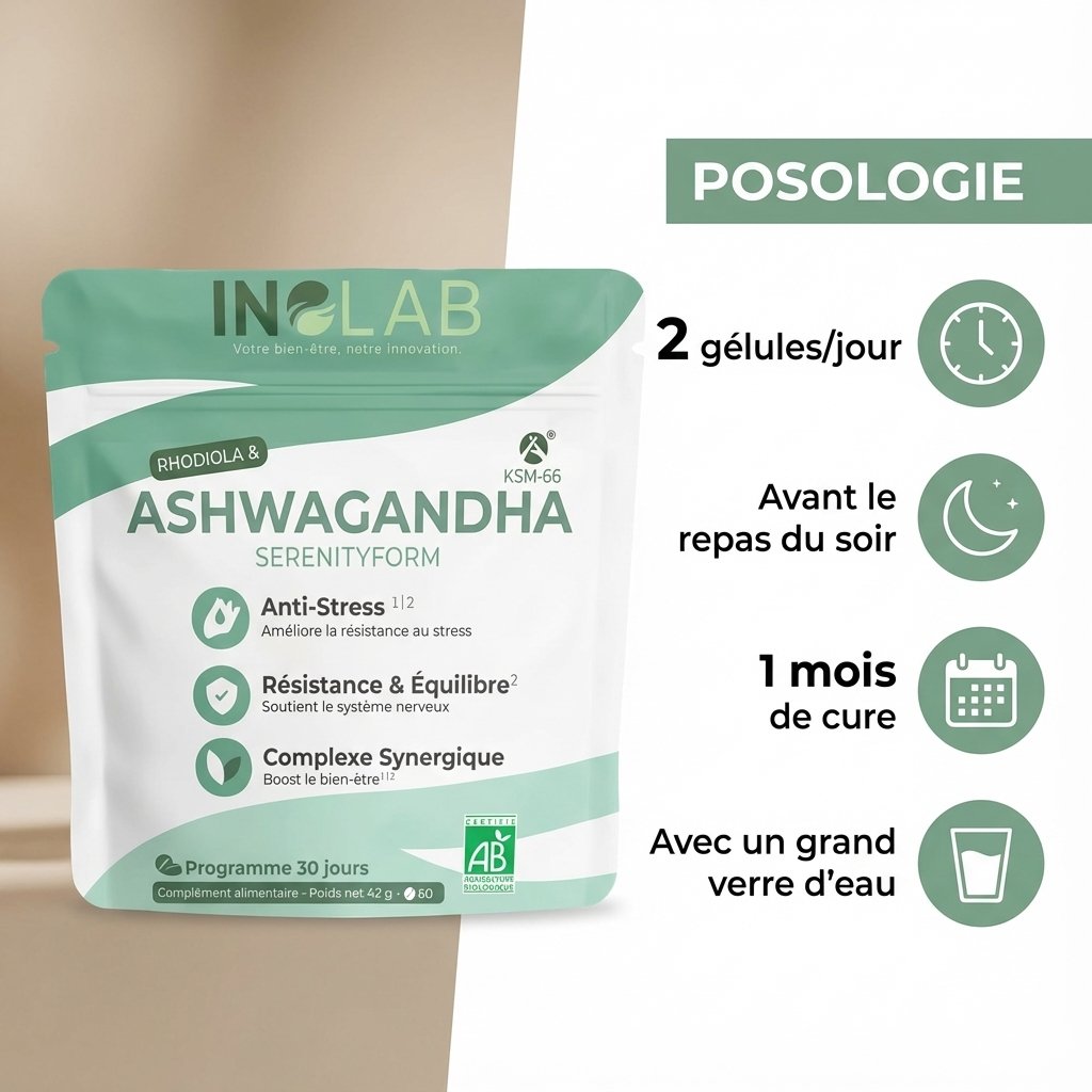 Ashwagandha KSM66 Inolab avec posologie: 2 gélules/jour, cure anti-stress naturelle bio