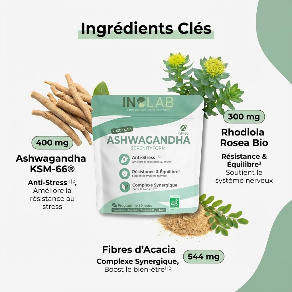 Complexe anti-stress Inolab SerenityForm : Ashwagandha KSM66, Rhodiola bio et fibres d'acacia