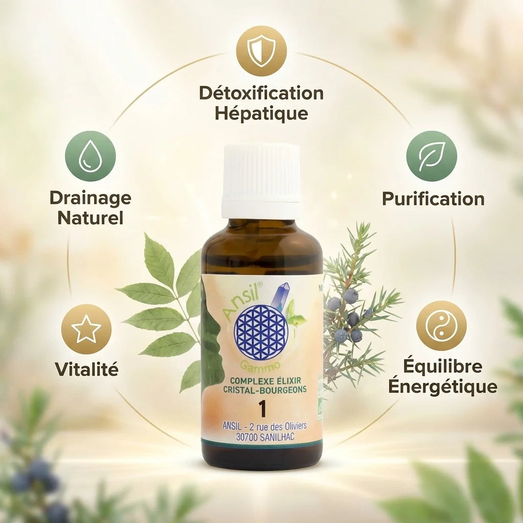 Complexe bio Baryte Frêne Noyer Genévrier 30ml Ansil avec icônes drainage purification vitalité