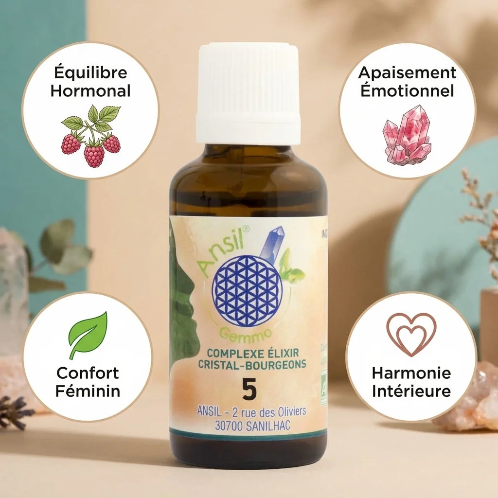 Complexe bio Rhodochrosite Framboisier Airelle Tilleul 30ml Ansil avec bénéfices équilibre hormonal et apaisement