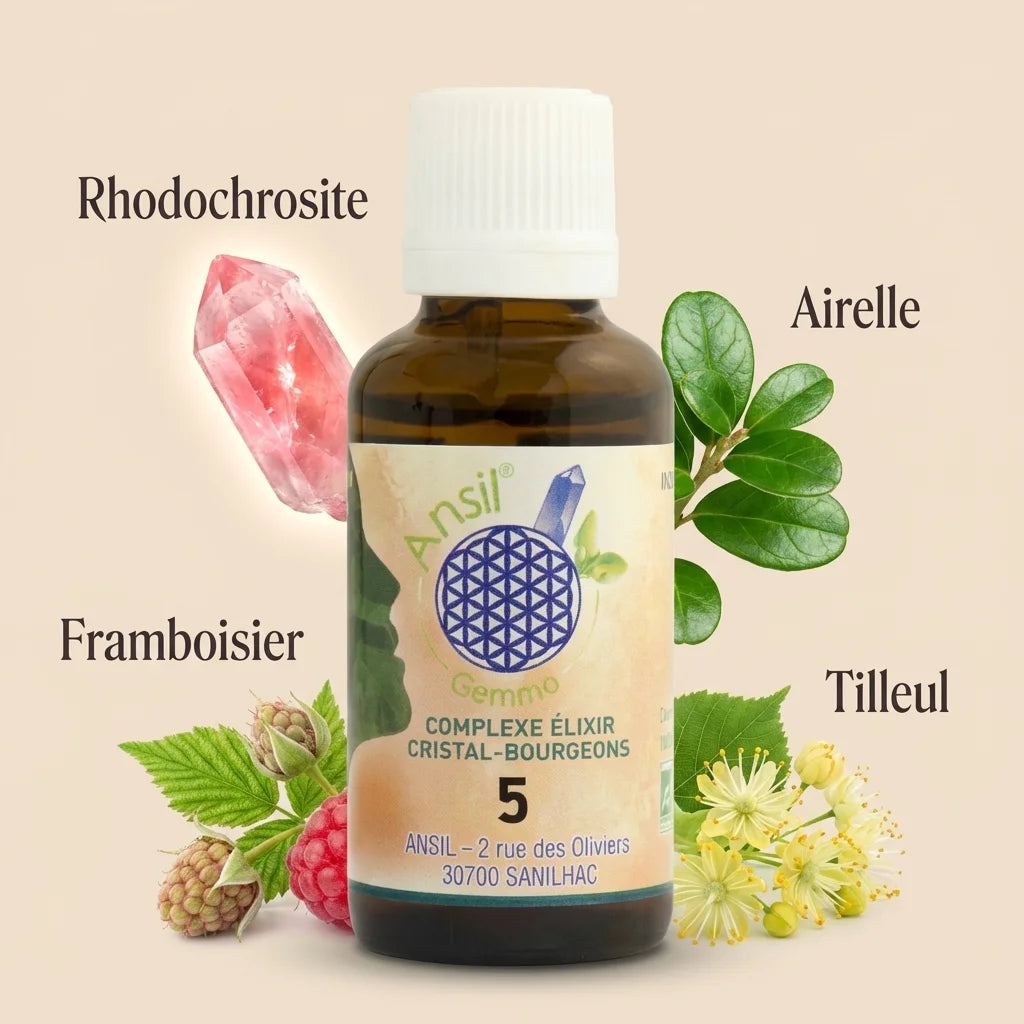 Complexe bio Rhodochrosite Framboisier Airelle Tilleul 30ml Ansil avec ingrédients botaniques