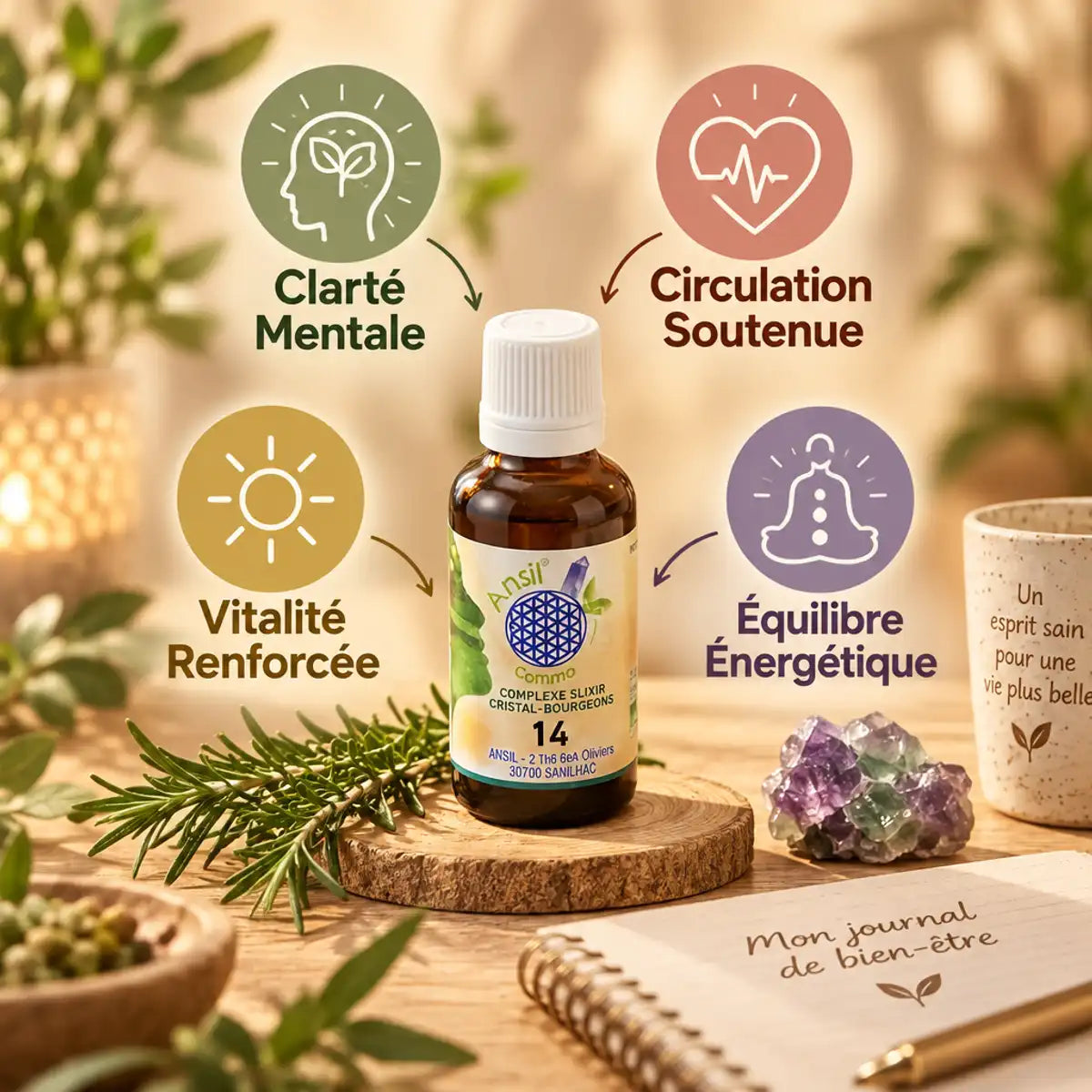Complexe bio Fluorite Ansil 30ml avec bénéfices : clarté mentale, circulation, vitalité et équilibre énergétique