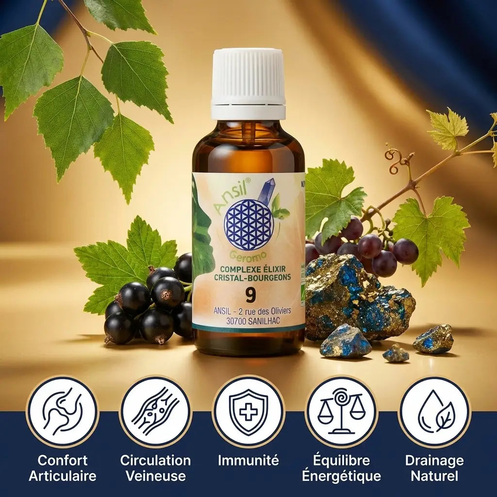 Complexe Bio n°9 ANSIL bouteille avec bouleau, cassis, raisin et bénéfices santé articulaire, circulation, immunité