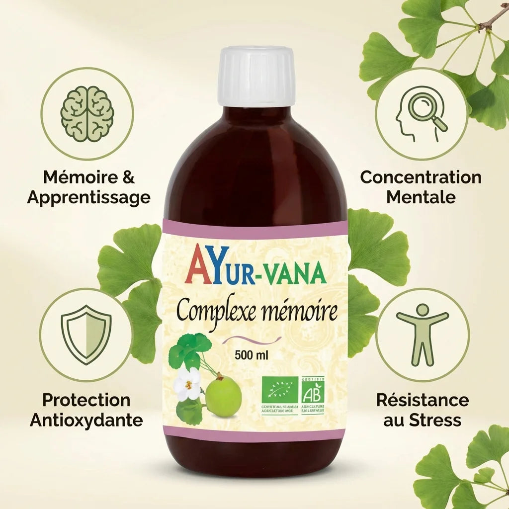Complexe mémoire bio 500ml Ayur Vana avec icônes mémoire, concentration, antioxydants et stress