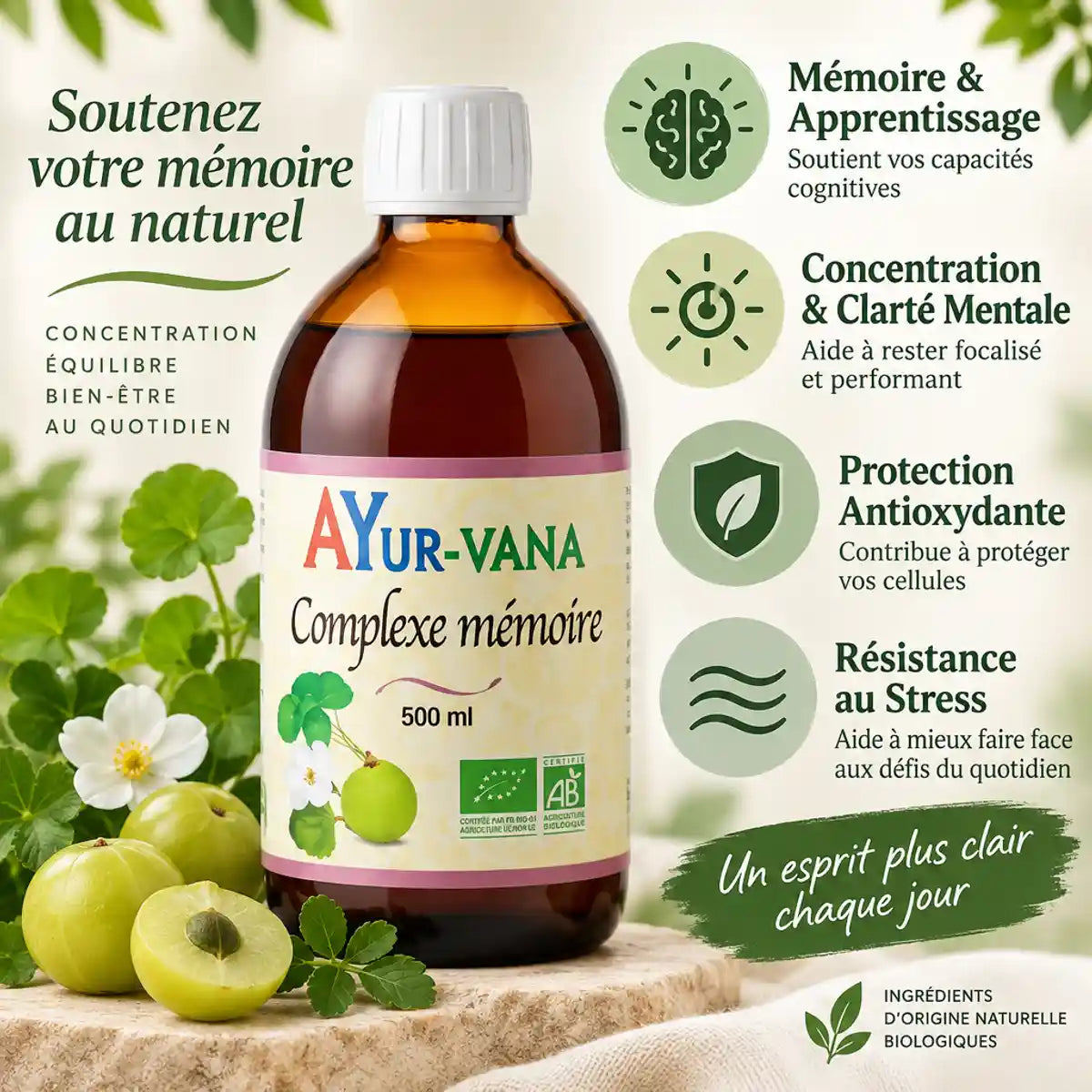 Complexe mémoire bio 500ml Ayur Vana - bouteille avec bénéfices mémoire, concentration et protection antioxydante