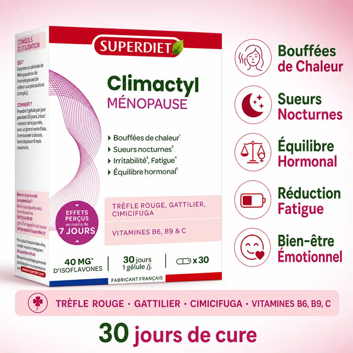 Complexe Ménopause Superdiet 30 gélules - Bouffées de chaleur, sueurs nocturnes, équilibre hormonal