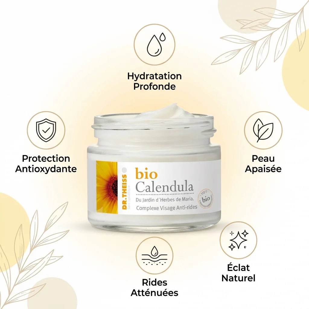 Crème anti-rides Calendula bio Dr Theiss avec bénéfices hydratation, rides atténuées et protection antioxydante