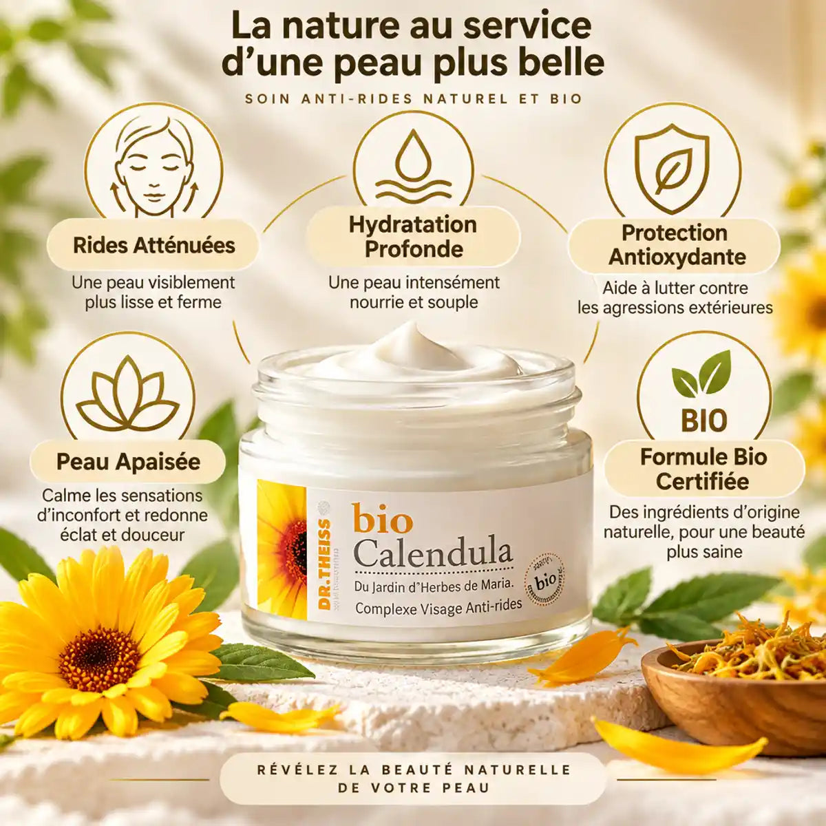 Complexe anti-rides Calendula Bio Dr Theiss avec bénéfices : hydratation, rides atténuées, protection antioxydante