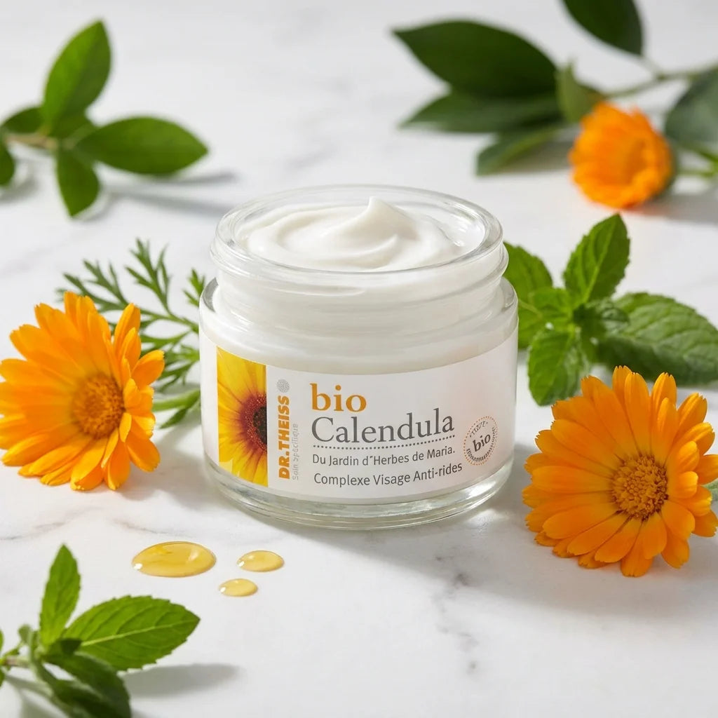 Crème anti-rides Calendula Bio Dr Theiss avec fleurs de calendula frais et huiles dorées sur marbre blanc